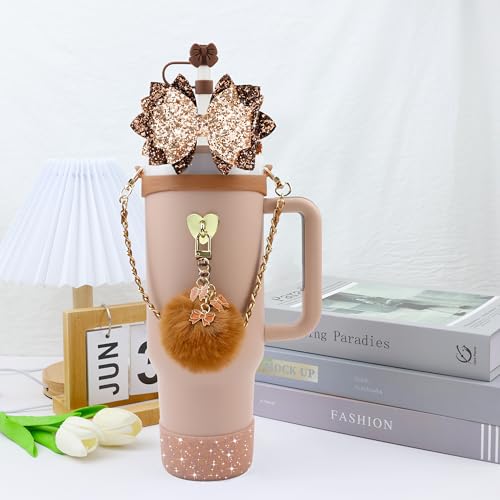 Bling Stanley Cup Accessories for 40oz & 30oz Tumbler including Silicone Cute Bow Straw Topper Cover, Silicone Stanley Cup Boot,Leather Water Bottle Handle Strap, Charms(Brown)