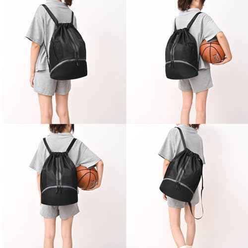 Black Drawstring Gym Bag for Men, Waterproof Drawstring Backpack for Women, Swim Bag with Shoes Compartment, Pull String Sport Bag for Soccer and Basketball.