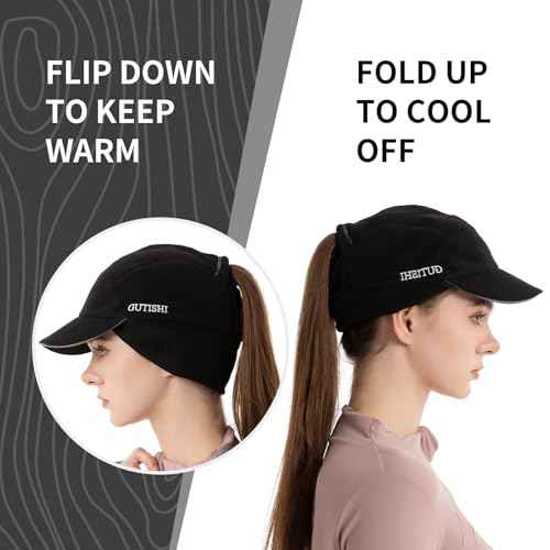 Ponytail Winter Hats for Women Reflective Fleece Ponytail Hat for Running Workouts,Black