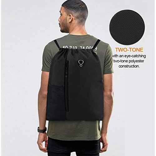 BeeGreen Black Drawstring Backpack Gym Bag For Men Women String Sports Backpack With Water Bottle Mesh Pockets And 2 Zippered Pocket Large Cinch Sackpack Workout Bag 16" x 20"