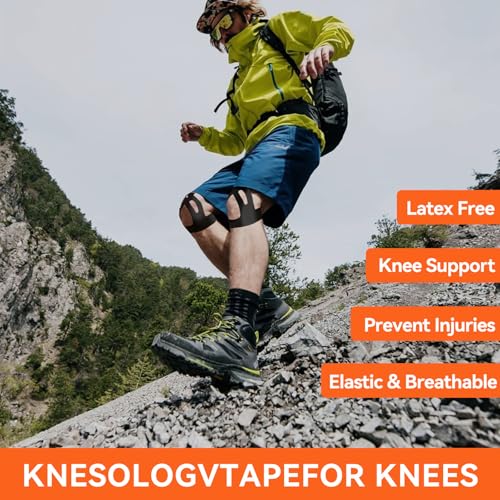 Precut Kinesiology Tape for Knees, 12 Pcs Kinesiology Tape for Knee Pain Relief Athletic Tape, Breathable & Latex-Free Waterproof Knee Tape Hypoallergenic Elastic Sports Tape, Black