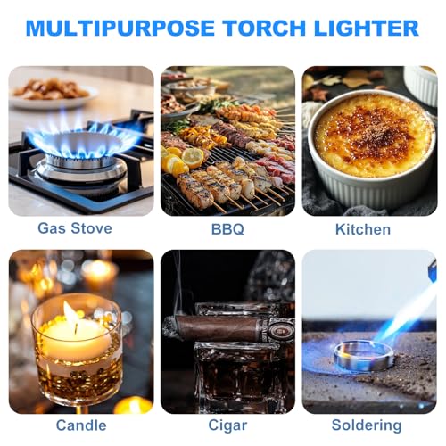 Torch Lighter, Windproof Adjustable Big Jet Flame Butane Torch, Refillable Gas Luxury Butane Lighter with Safety Lock for Candle Grill Camping Kitchen BBQ Cooking Soldering (Gas Not Included)