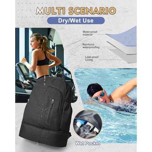 Gym Backpack for Women Men, Lightweight Gym Bag with Shoe Compartment, Waterproof Sports Backpack with Wet Pocket, Black