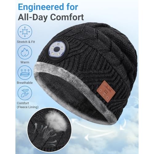 Bluetooth Beanie with a Light, Rechargeable Hat with 4 LED Headlamp & Headphones, Christmas Stocking Stuffers Gifts for Men