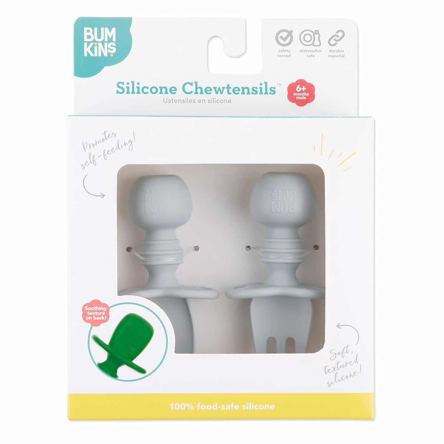Bumkins Chewtensils Silicone Baby Utensils Set - Soft Spoons & Fork for Self-Feeding | Gray, 6 Months+