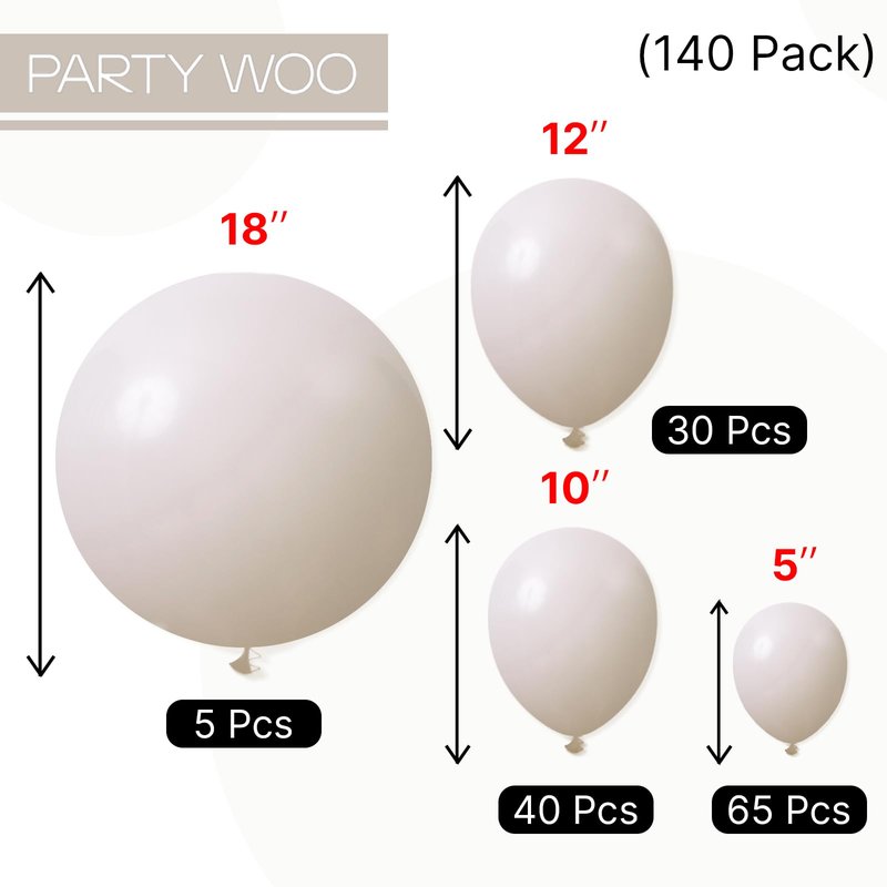 PartyWoo White Balloons 140 pcs Different Sizes of 18 12 10 5 Inch White Sand Balloons Arch Kit Garland for Wedding Baby Shower Birthday Bridal Shower Graduation Engagement Party Decorations White-F12