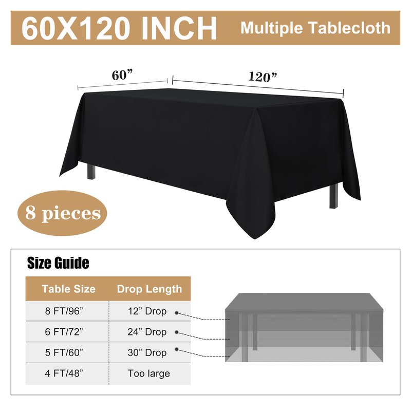 sancua 8 Pack Black Tablecloth 60 x 120 Inch, Rectangle Table Cloth for 8 Feet Tables - Stain and Wrinkle Resistant Washable Polyester Table Cover for Dining Tables, Buffet Parties and Camping