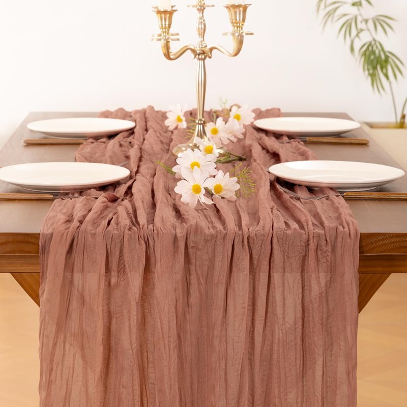 Socomi 6pcs Dusty Rose Summer Cheesecloth Table Runner Boho Rustic Gauze 120 inch 10FT Cheese Cloth Sheer Runner for Wedding Party Baby Shower Birthday Home Decor Holiday Decorations