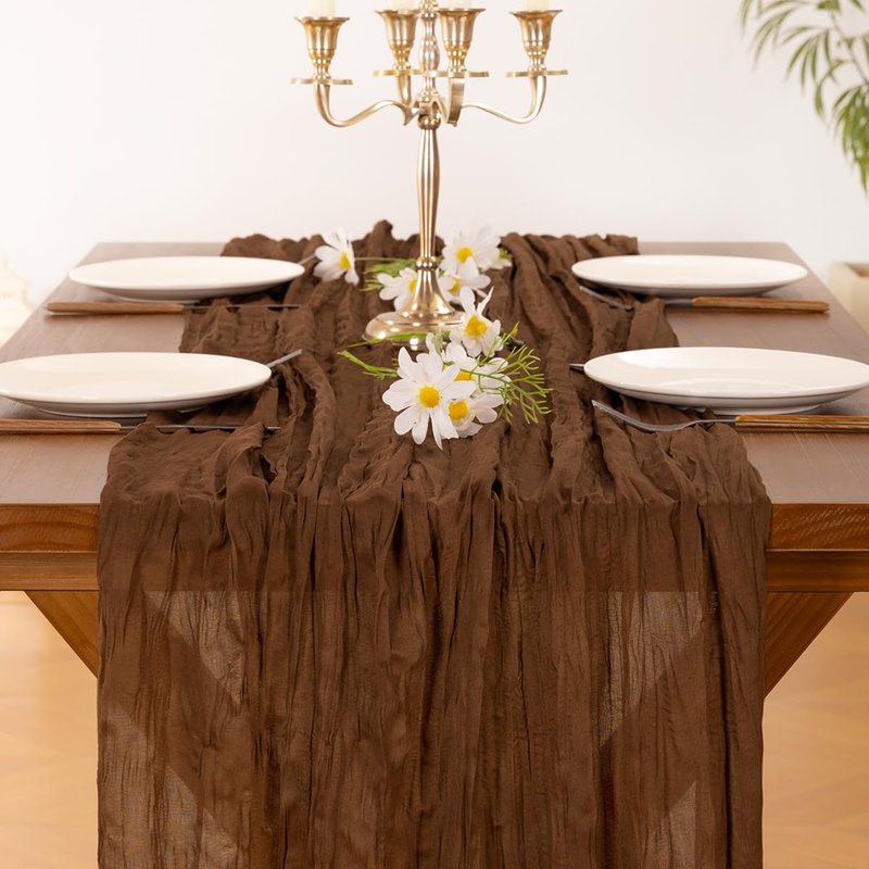 Socomi 3pcs Brown Coffee Summer Cheesecloth Table Runner Boho Rustic Gauze 120 inch 10FT Cheese Cloth Sheer Runner for Wedding Party Baby Shower Birthday Home Decor Holiday Decorations