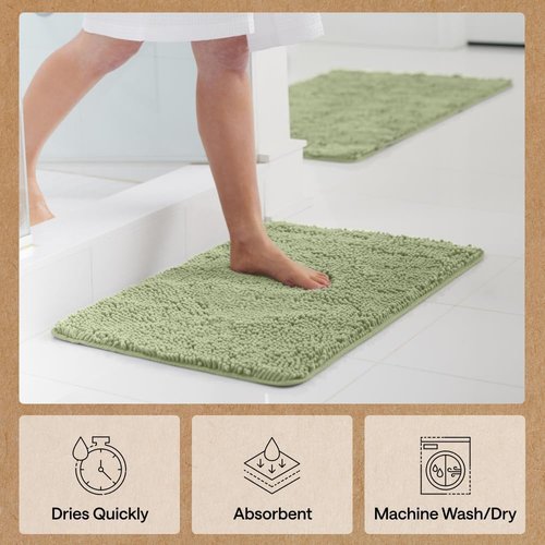 GORILLA GRIP Bath Rug Mat - Soft Absorbent Chenille | Quick-Dry Microfiber, 60x17, Sage Green
