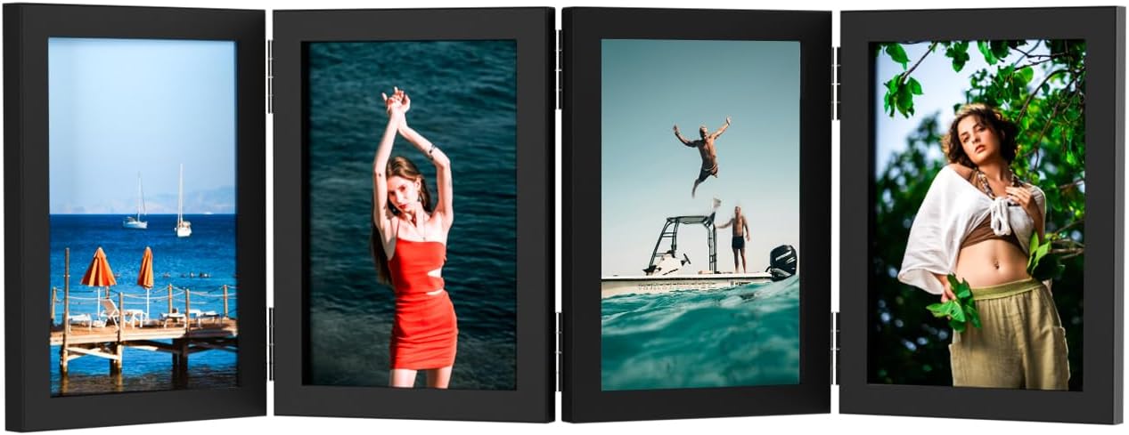 WARM&LOVE 4x6 Rustic Wood Picture Frame - Four Folding Hinged Family Photo Collage Stand | Perfect Gift for Birthdays