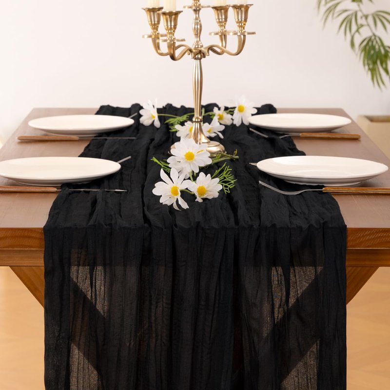 Socomi 3pcs Black Summer Cheesecloth Table Runner Boho Rustic Gauze 120 inch 10FT Cheese Cloth Sheer Runner for Wedding Party Baby Shower Birthday Home Decor Holiday Decorations