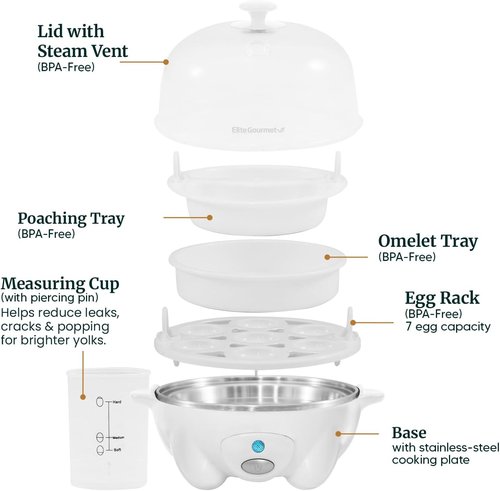 Elite Gourmet Rapid Egg Cooker - Perfectly Cook 7 Hard, Medium, Soft Boiled Eggs | Auto Shut-Off & Recipe Booklet, White