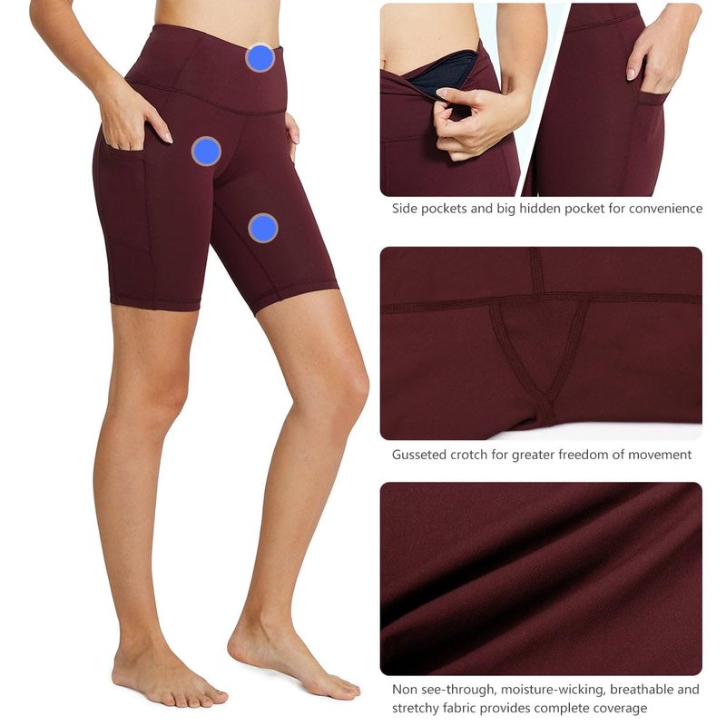 baleaf Biker Shorts Women Yoga Gym Workout Spandex Running Volleyball Tummy Control Compression with Pockets 8" Wine Red XL