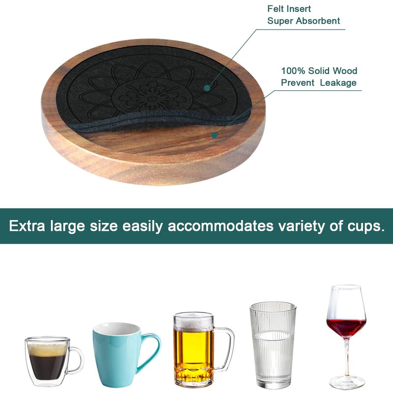 Wood Coasters for Drinks, Minacun Absorbent Coaster Sets of 5, Drinks Coasters for Coffee Tabletop Protection, Non-Slip, Non-Stick, Suitable for Kinds of Cups Wooden Table Drink, 4.3 Inches Black