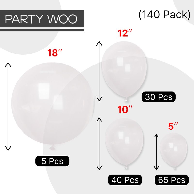 PartyWoo Clear Balloons 140pcs Different Sizes of 18 12 10 5 Inch Transparent Balloon Arch Kit for Graduation Wedding Baby Shower Bridal Shower Anniversary Birthday Party Decorations Clear-Y2