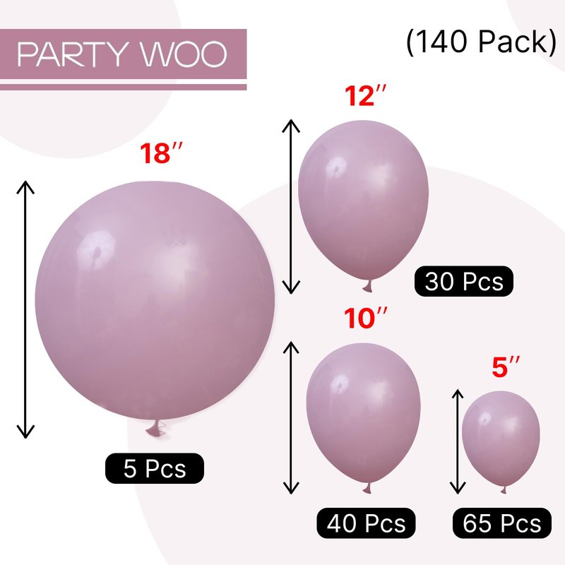 PartyWoo Dusty Purple Balloons 140pcs Different Sizes Pack of 18 12 10 5 Inch Lavender Boho Neutral Balloon Arch Kit for Baby Shower Graduation Butterfly Fairy Birthday Party Decorations Purple-F29
