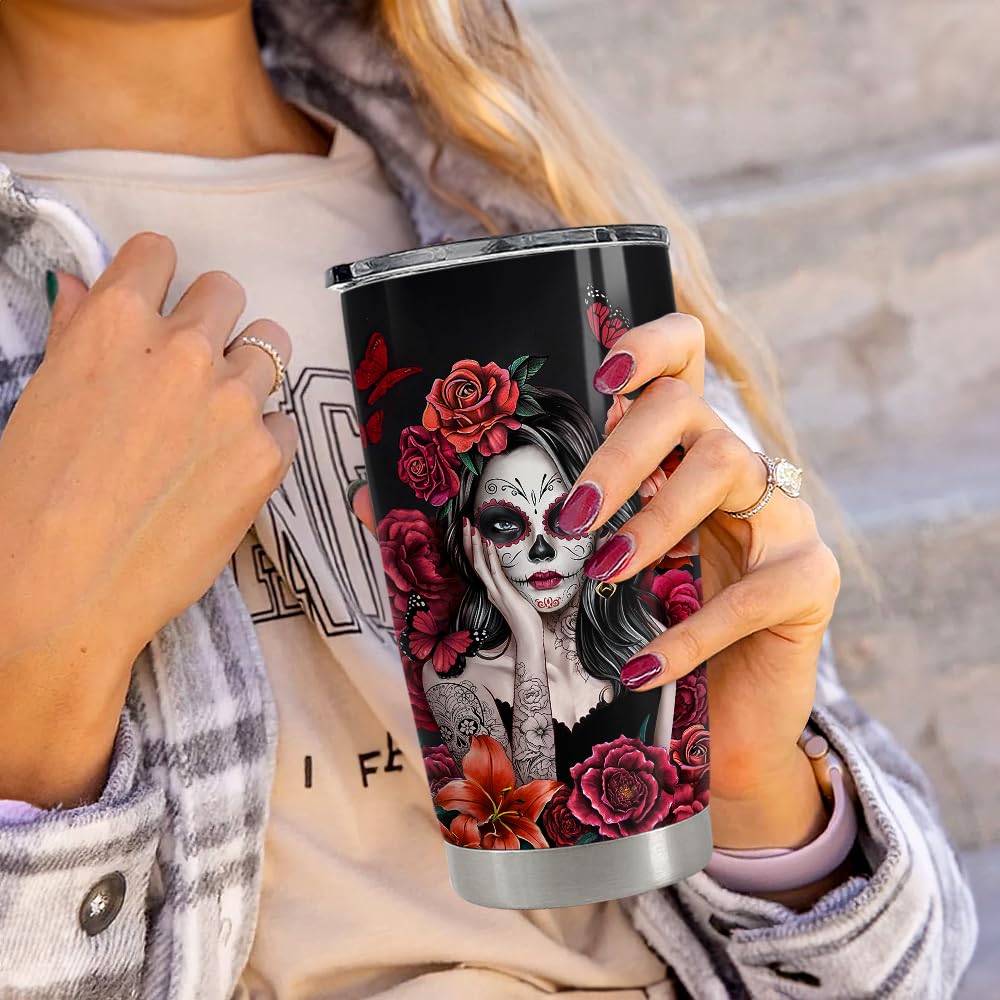 SANDJEST Sugar Skull Tumbler 20oz Stainless Steel Insulated Coffee Travel Mug Cup for Women Girls Gifts for Birthday Christmas Halloween