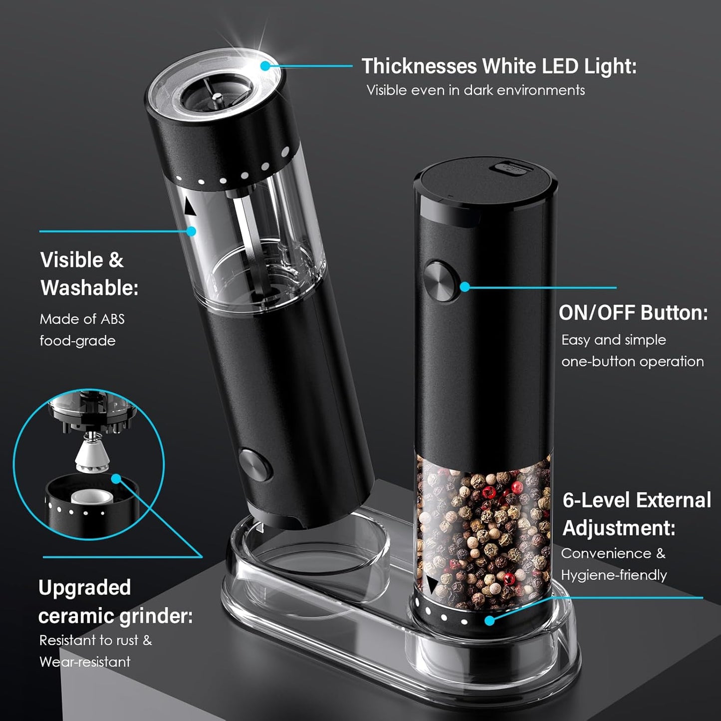 Skiennix Electric Salt and Pepper Grinder Set - Automatic Shakers with 6-Level Coarseness | Black