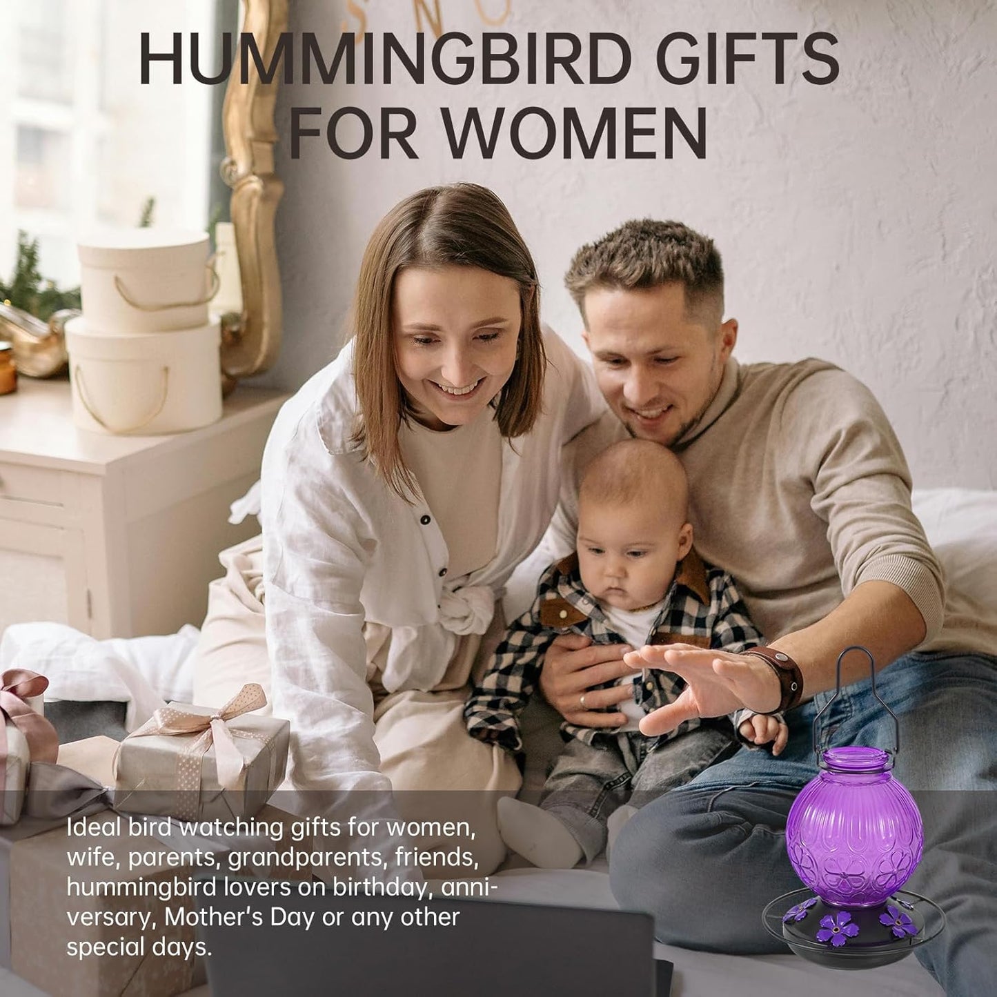 Skiennix Glass Hummingbird Feeder - 23oz Leak-Proof Outdoor Nectar Feeder with 5 Flower Ports | Purple Garden Decor Gift for Mom