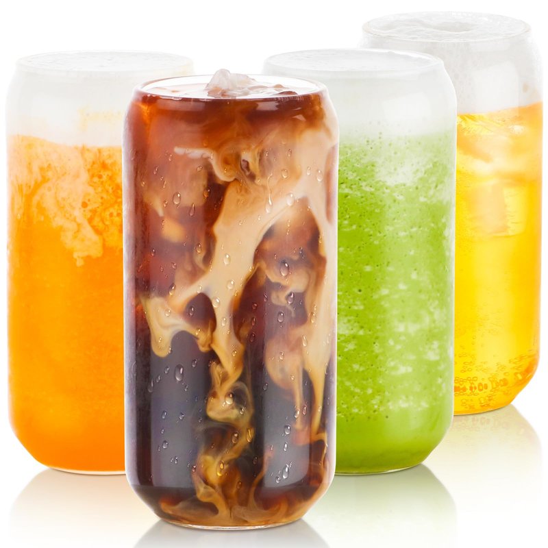 BEWAVE Drinking Glass, 16oz Can Shaped Glasses Cups, Iced Coffee Glasses, Beer Tumbler, for Whiskey, Soda, Tea, Juice, Gift, with Lid, Straw and Sleeve, 1 Pc