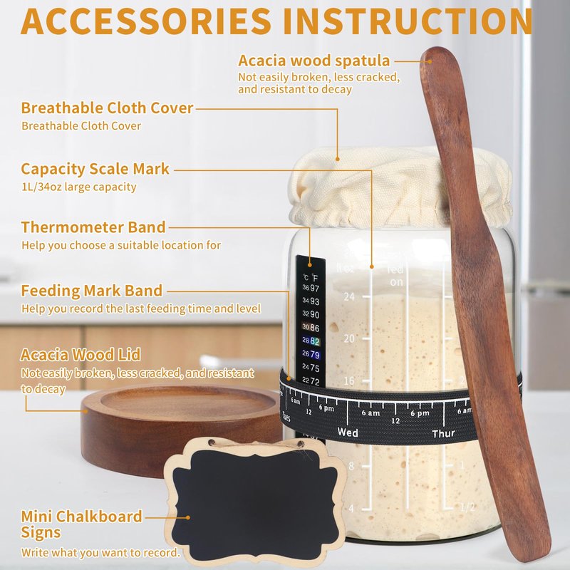 Sourdough Starter Jar Glass, 34 Oz DIY Wide-mouth Pro Sourdough Starter Jar Kit with Acacia Spatula, Cholkboard Sign, Thermometer, Feeding Band, cloth cover, Reusable Sourdough Bread Baking Supplies.