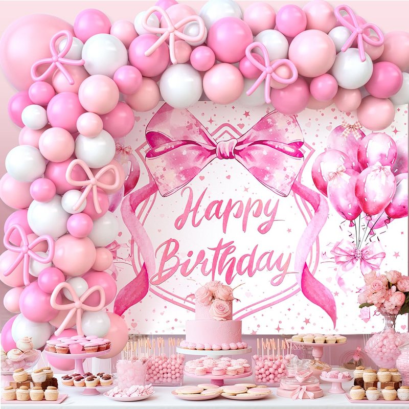 Jumpama 146Pcs Pink Bow Birthday Decorations Coquette Birthday Party Decorations Pink Bow Backdrop Coquette Banner and Balloons for Girls Women Baby Shower Bachelorette Party Supplies