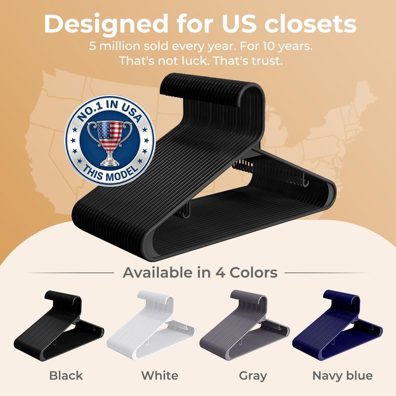 HOUSE DAY Plastic Hangers 20 Pack, Space Saving Clothes Hangers with Built-in Hooks, Durable & Strong Closet Organizers and Storage, Dorm Room Essential, Perfect for Shirts, Coat, Pants, Dress - Black