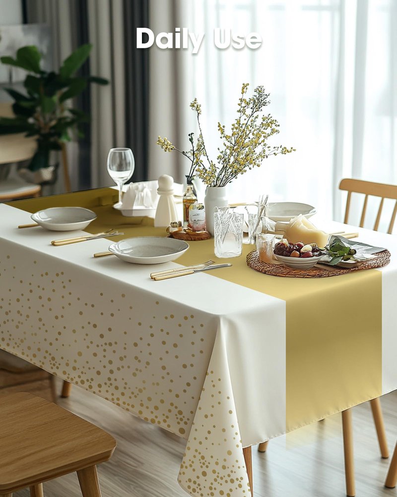 Pureegg Plastic Table Cloth Disposable 10 Pack, 54 x 108 Inch, Table Runner Style, Graduation Decorations 2026, Party Tablecloths, Rectangle, Plastic Cover, Leakproof & Sturdy, White Gold