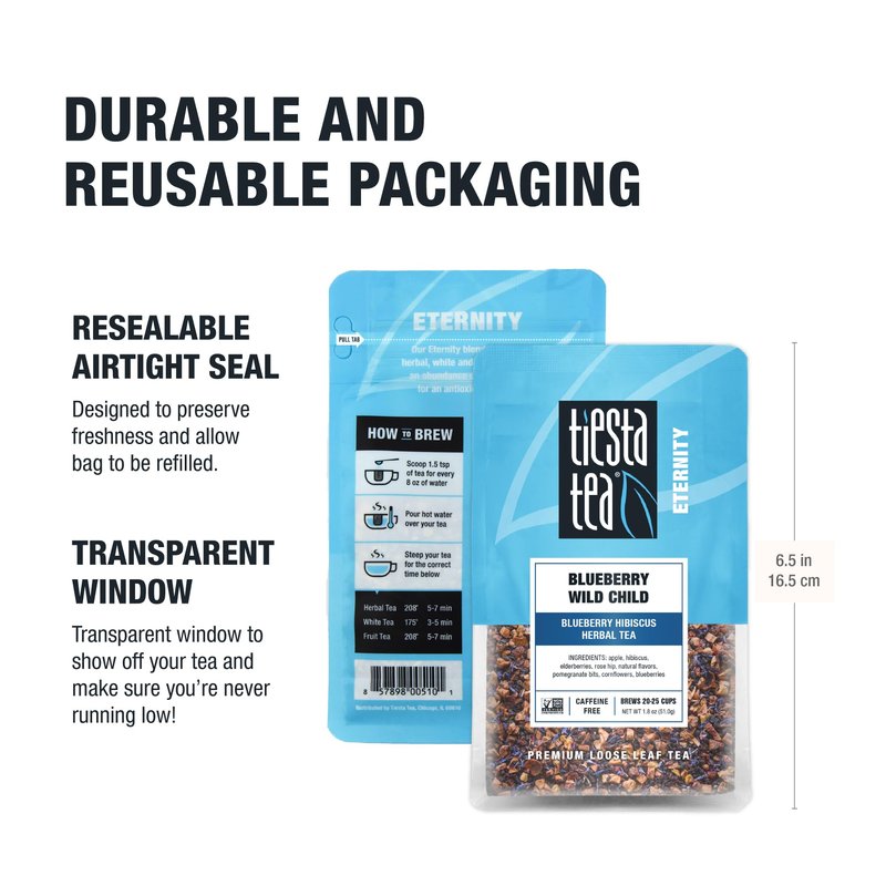Tiesta Tea Blueberry Wild Child, Mother's Day Loose Leaf, Blueberry Hibiscus Herbal Tea, Premium Non-Caffeinated Fruit Blend, Make Hot or Iced & Brews Up to 25 Cups, 1.8 Ounce Resealable Pouch