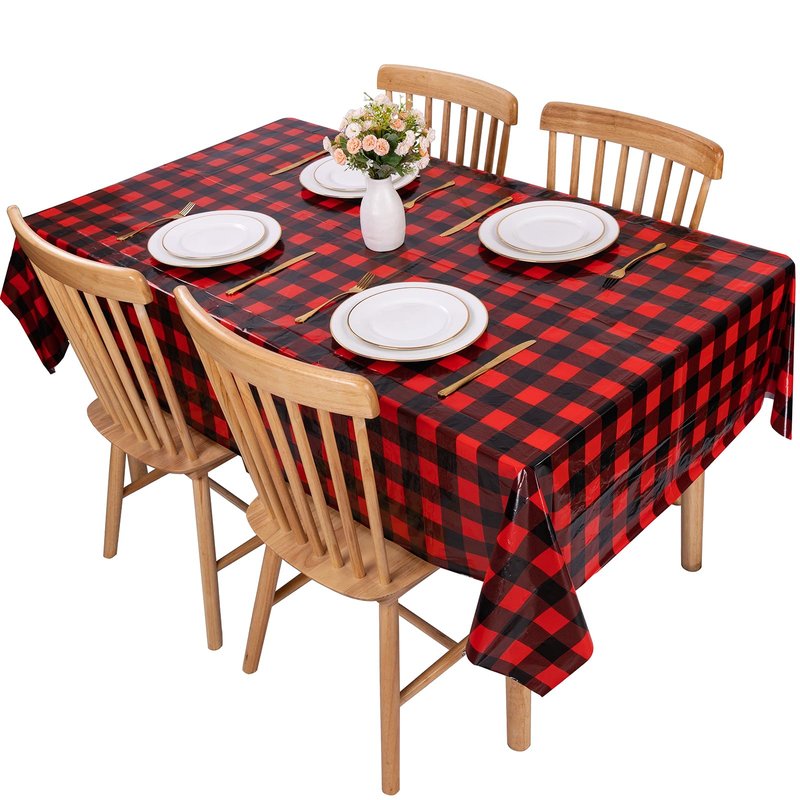 Kesfey 8 Packs Red and Black Merry Christmas Checkered Tablecloth 54 x 108 Inches Plastic Buffalo Check Plaid Table Cover Disposable Red Gingham Winter Christmas Picnic Table Cloth for Dinner Camping