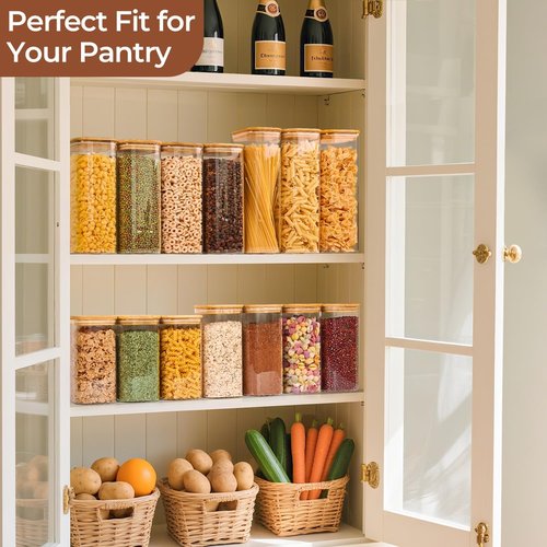 ComSaf Glass Storage Containers - 1.4 Qt Clear Jars with Lids | Set of 3 Square Canisters for Pantry Organization