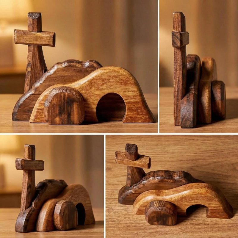 Wooden Easter Tomb Scene with Cross - Empty Tomb Decor for Home Office Desktop, Religious Resurrection Cross Jesus Nativity Set, Christian Easter Decoration He is Risen Gift (Style A)