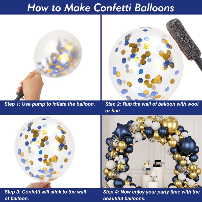 RUBFAC 176pcs Navy Blue Gold Balloons Arch Kit, Navy Blue Balloon Garland Metallic Gold White Confetti Balloon Foil Balloons for Baby Shower Birthday Party Wedding Anniversary Graduation Decoration