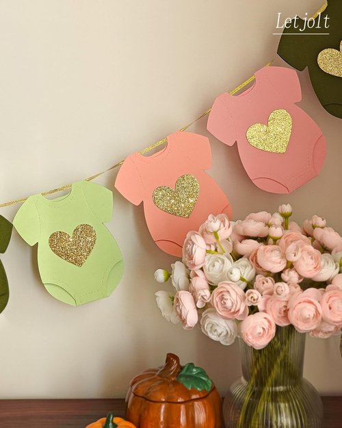 Green Pink Baby Shower Paper Garland Short-Sleeve Bodysuits Clothesline Garland Gender Reveal Birthday Banner Baby Outfit Pre - Strung Paper Decorations 9 pcs