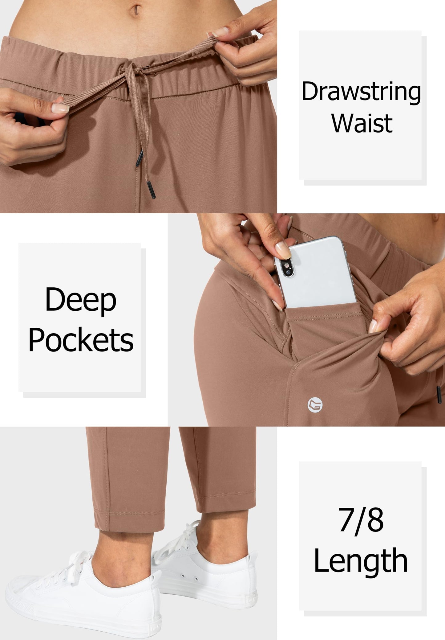 G Gradual Women's Pants with Deep Pockets 7/8 Stretch Sweatpants for Women Athletic, Golf, Lounge, Work (Mocha, Large)