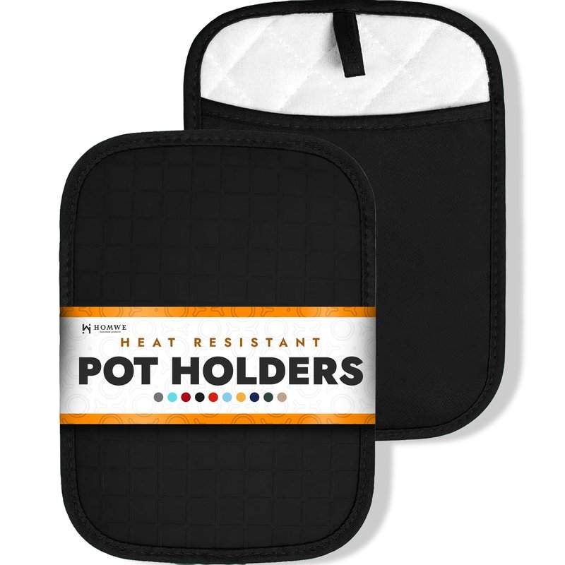 Silicone Kitchen Pot Holders with Pockets, 2 Pc Set Trivet, Steam and Heat Resistant Hand and Countertop Protection Hot Pads, Non-Slip Grip potholders, Terrycloth Interior Lining, Black
