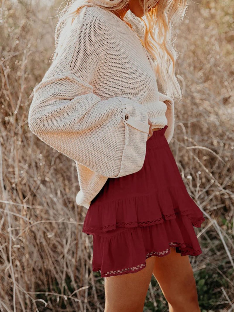 Aoudery Flowy Shorts for Women Casual Boho Ruffle Tiered Skorts High Waist Mini Skirts Golf Tennis Butterfly Crochet Shorts - Red XS
