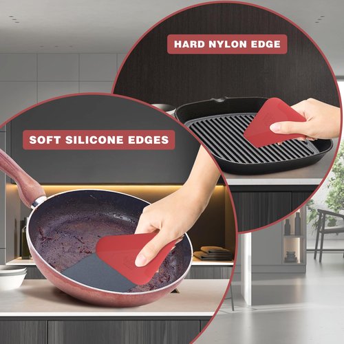 Food Scraper, 2-in-1 Pot and Pan Dish Scraper, Nylon and Silicone, Kitchen Scraper Tools for Cast Iron Skillets, Cookware, Dishes, Pans and Pots, Heat Resistant, Set of 3 - Red