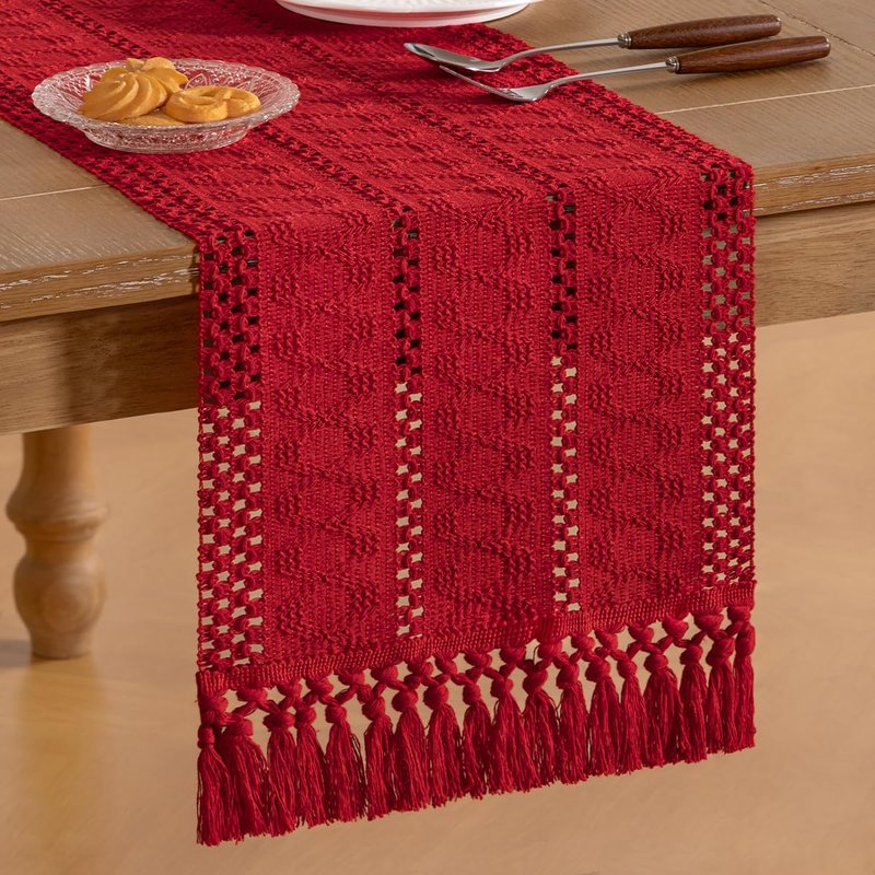 Socomi Boho Table Runner Easter Spring Farmhouse Rustic Dining Kitchen Centerpiece Decor Small Macrame Woven Cotton Linen Coffee Table Runner for Dresser Scarf Home Decor 12x60 in Red