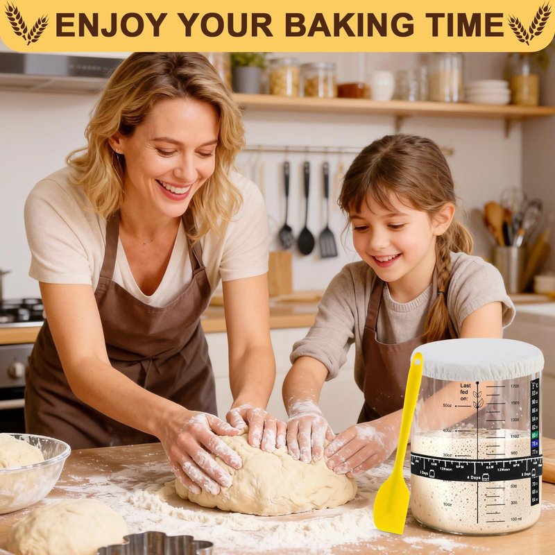 Sourdough Starter Jar, 50 oz Large Sourdough Jar with Time Keeper, Thermometer, Scraper, Wide Mouth Glass Sourdough Starter Kit for Beginners and Professional Bakers