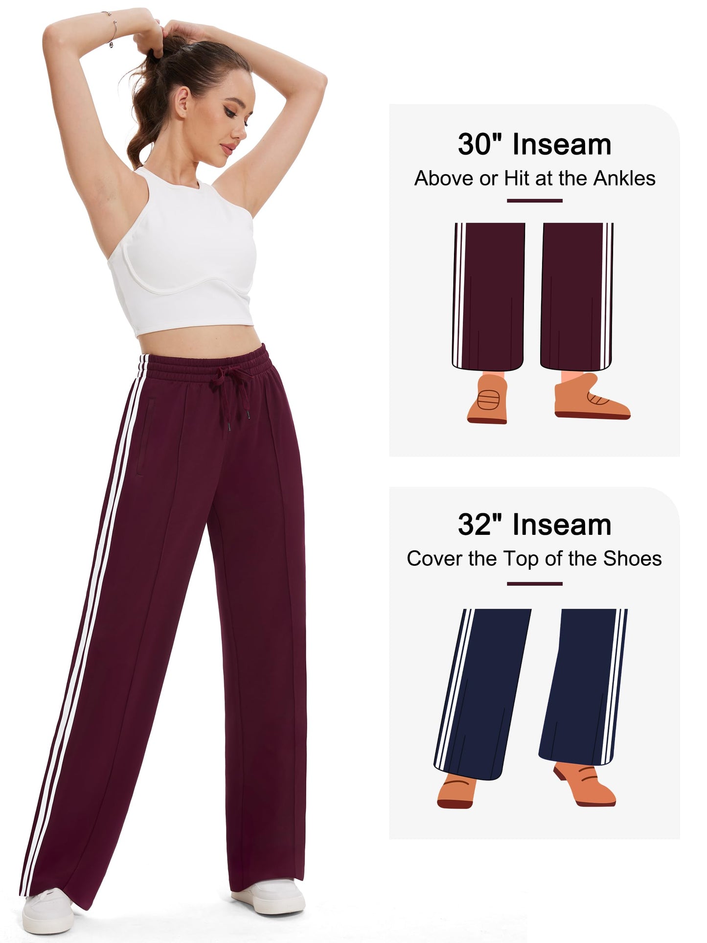 Tapata Women's 28" Inseam Petite Track Pants Loose Straight Leg Jogging Sweatpants Warm-Up Sports Athletic Running, Burgundy, S