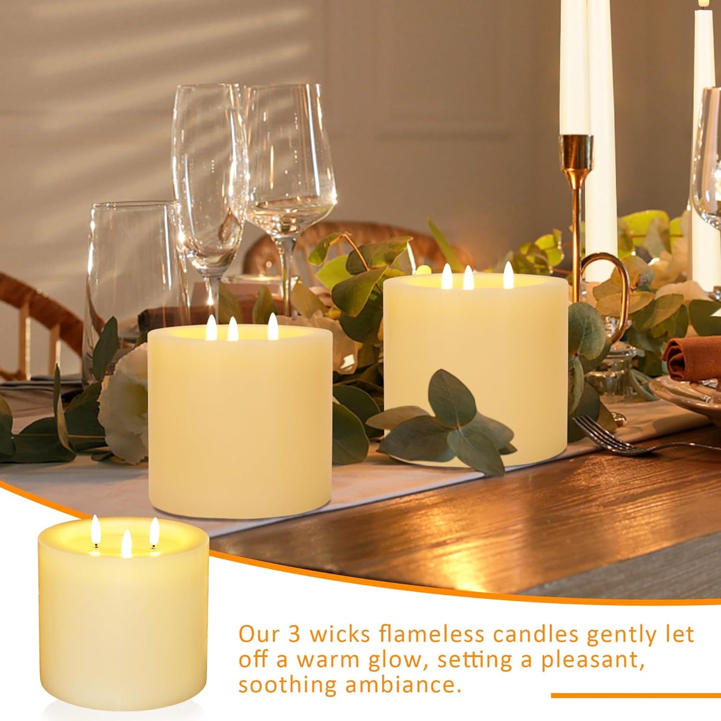 Skiennix Extra Large Flameless Candles - 3 Wicks, 6"x6" Real Wax, Battery Operated with Remote & Timer | Ivory Flickering LED for Home & Events