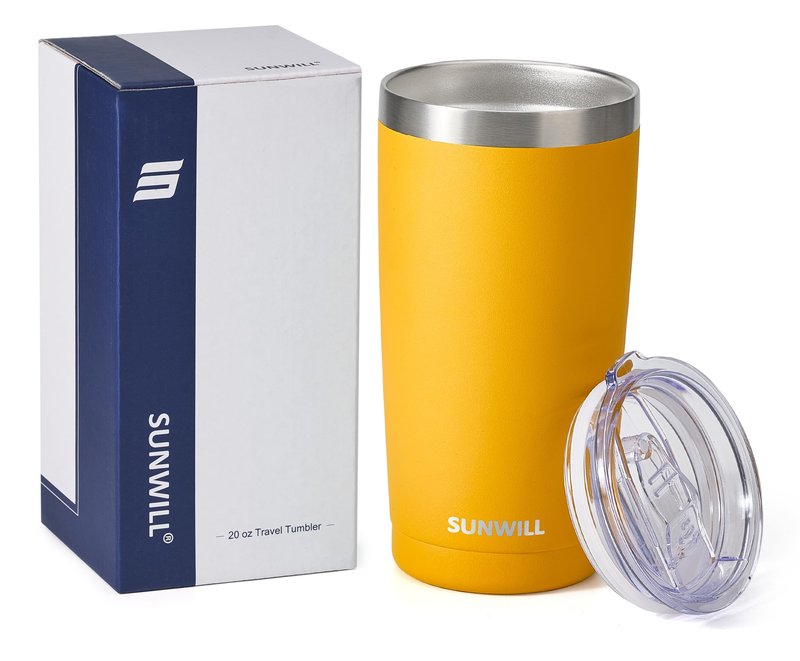 SUNWILL Travel Coffee Tumbler 20 oz, Insulated Mug with Lid, Stainless Steel Cup for Hot and Cold Drinks, Powder Coated Yellow