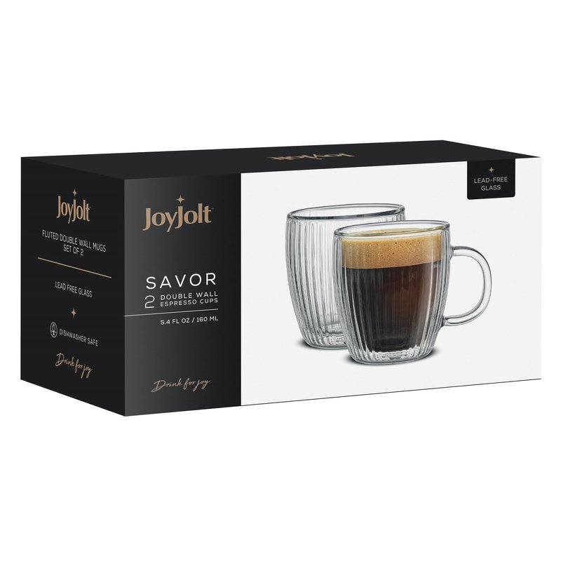 JoyJolt Fluted Glass Espresso Cups, 5.4oz Espresso Cup - Set of 2 Espresso Mugs