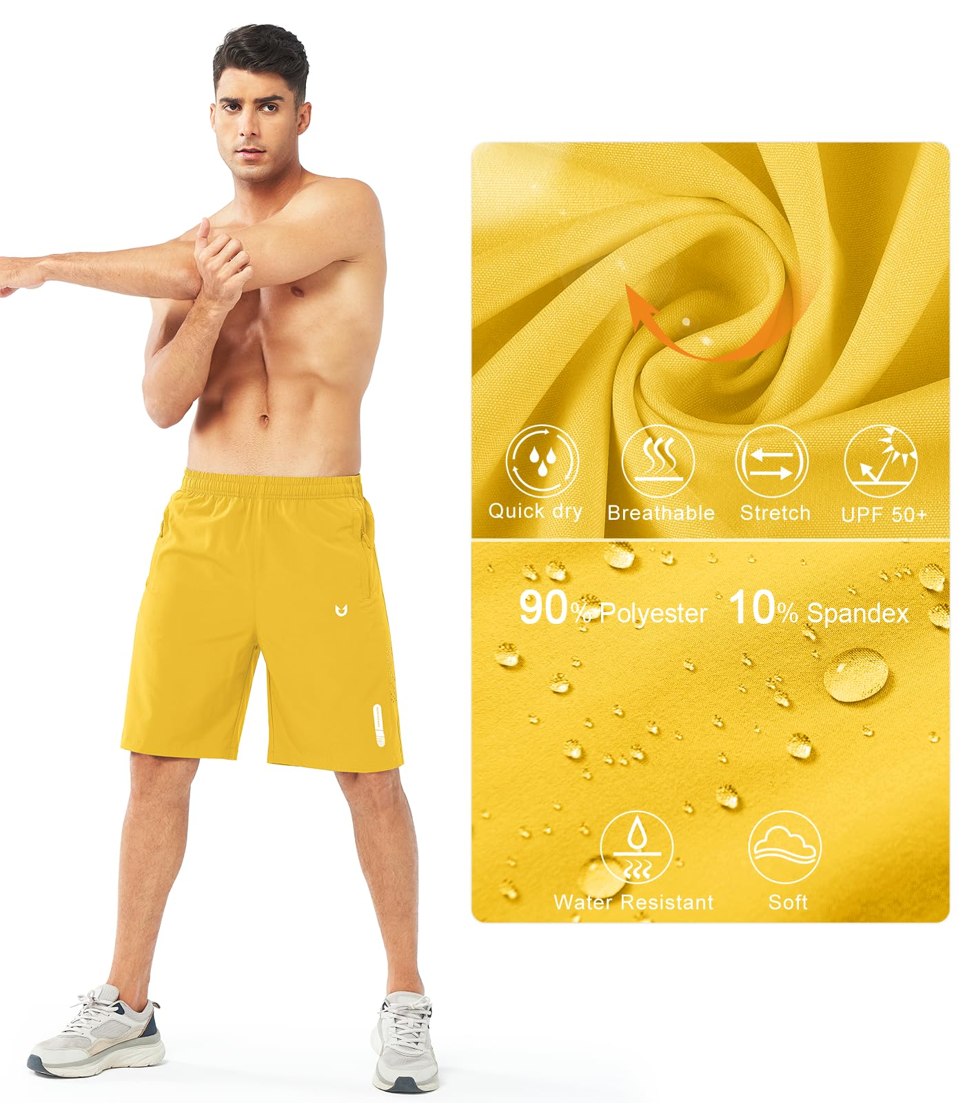 NORTHYARD Men's Athletic Running Shorts Gym Workout 7"/9"/5" Quick Dry Lightweight Sports Basketball Tennis 3 Zipper Pockets YELLOW-9inch L