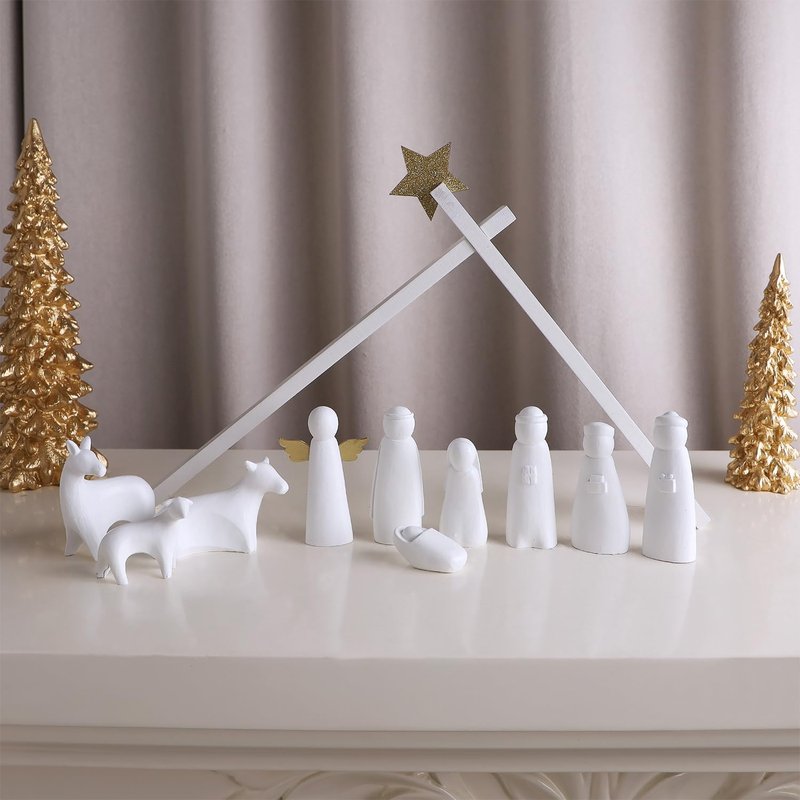 Juegoal Christmas Nativity Sets, Set of 11 White Mini Nativity Scene Resin Figurines, Xmas Holy Family Table Ornaments, Religious Holiday Collection Gifts, Baby Jesus Nativity Mantle Shelf Decor