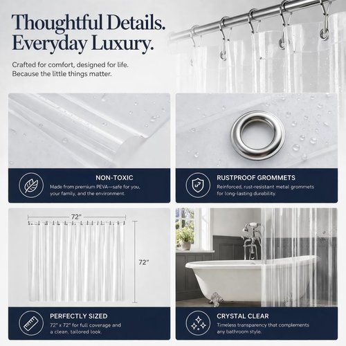 EHZNZIE Heavy Duty Shower Curtain Liner - Waterproof PEVA with 3 Weighted Magnets | 72x72 Inches, No Chemical Smell