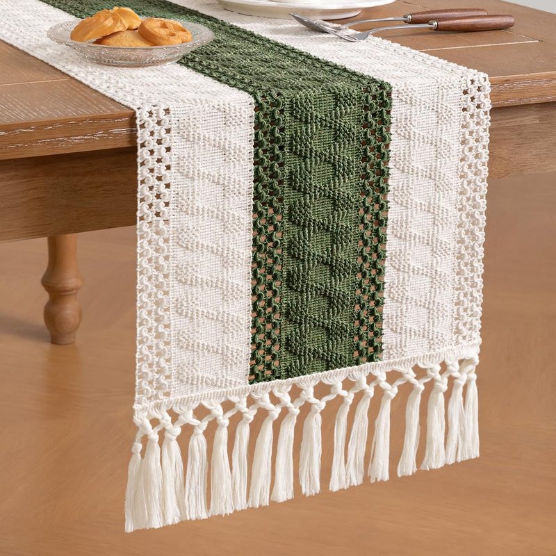 Socomi Boho Table Runner Summer Farmhouse Rustic Dining Kitchen Centerpiece Decor Small Macrame Woven Cotton Linen Coffee Table Runner for Dresser Scarf Home Decor 12x60 inch Olive Green