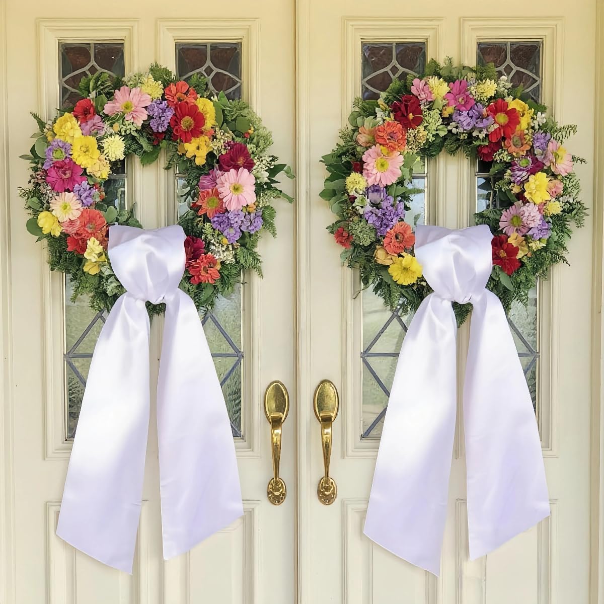 Skiennix 4 Pack White Wreath Sash - DIY Embroidery Satin Blank Accessories for Home Decor | Perfect for Easter, Mother's Day, Weddings